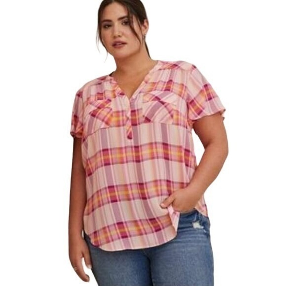 Torrid Harper Blouse Pink Orange Plaid Georgette‎ Split Neck Short Sleeve Size 4